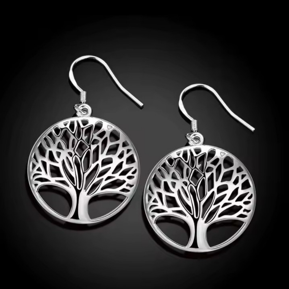 Earrings Silver‎ Hollow Tree Round Women's New f88